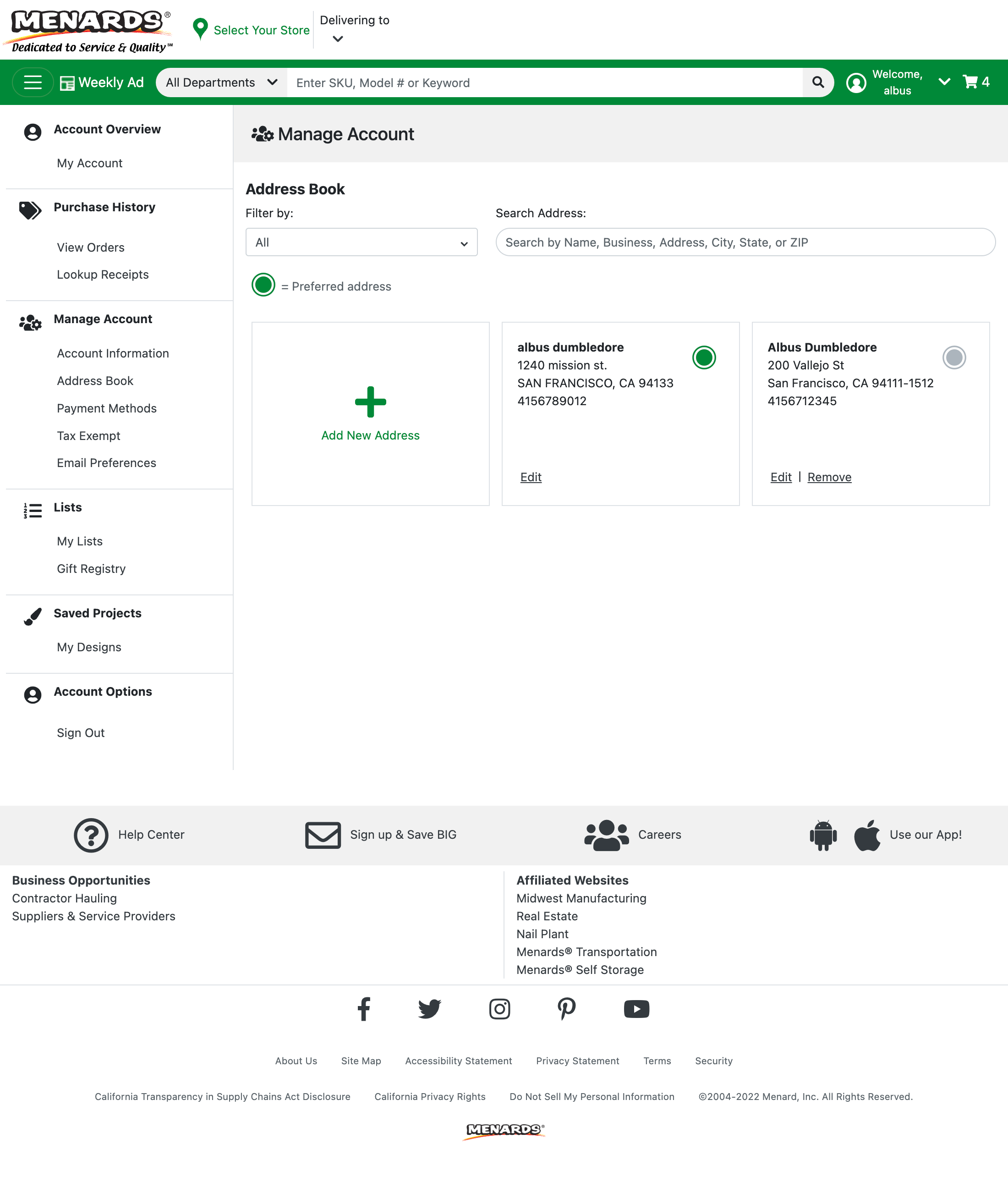 Menards’ Address Book 193 of 361 Address Book Examples Baymard